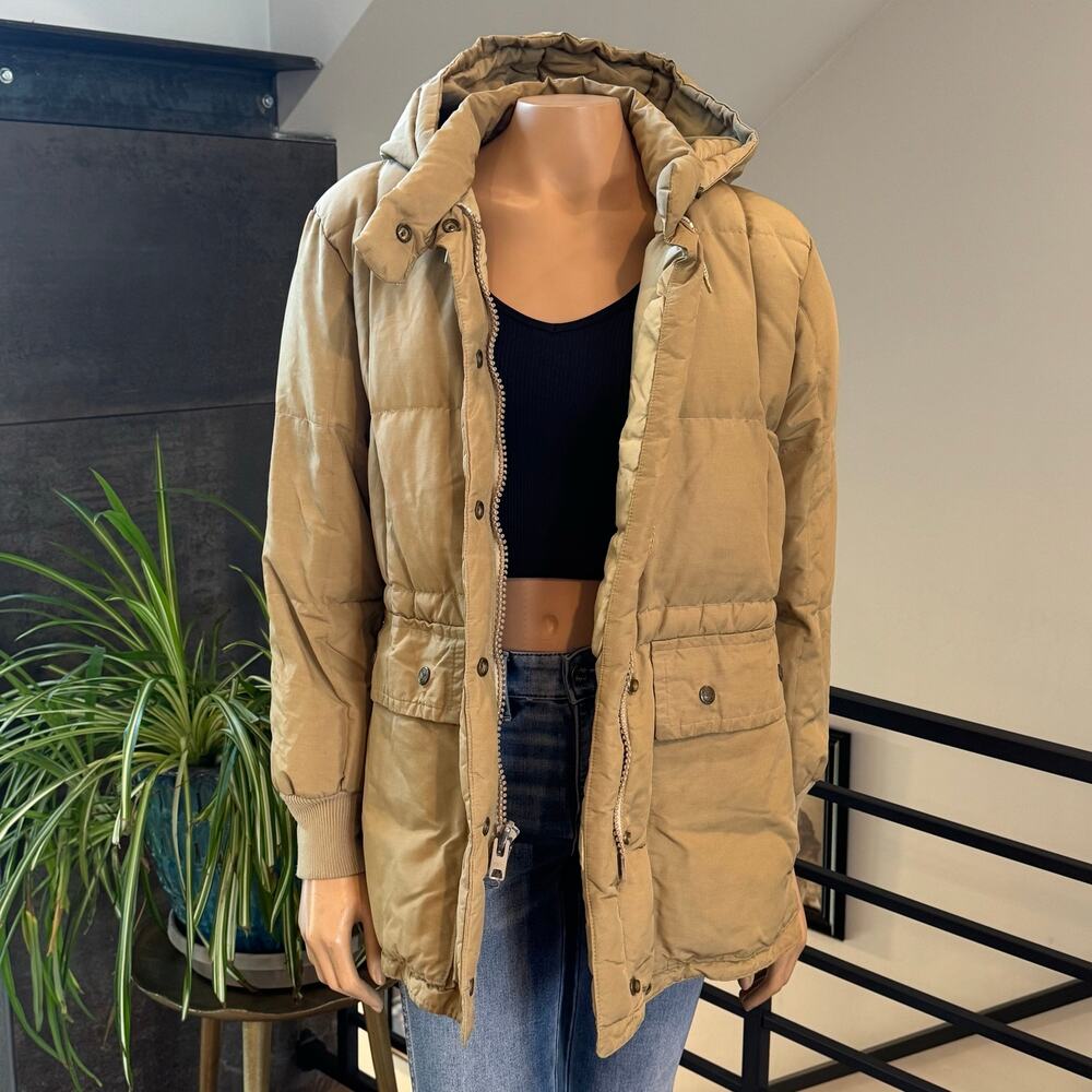 Vtg 70s 80s Eddie Bauer Karakoram Goose Down Parka Jacket Hooded Tan Fits XS